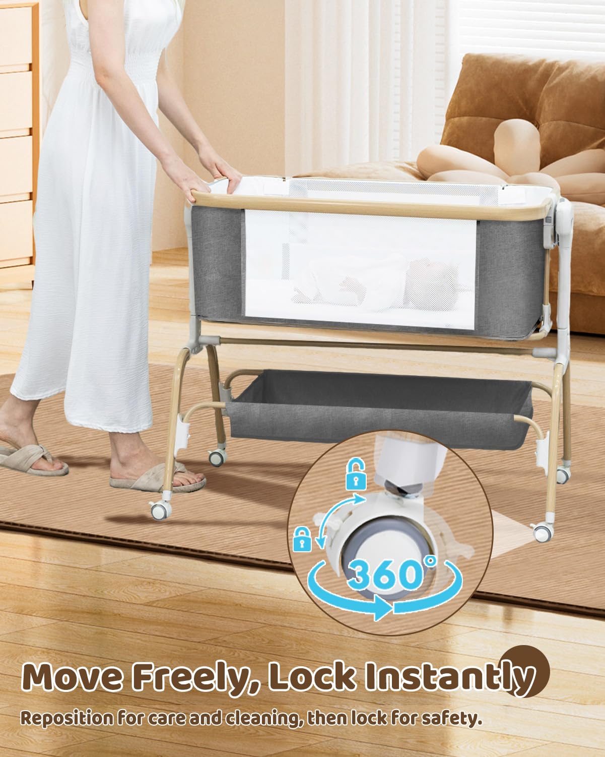 Mariserenity bassinet with rotating mobile toy for baby-friendly play.