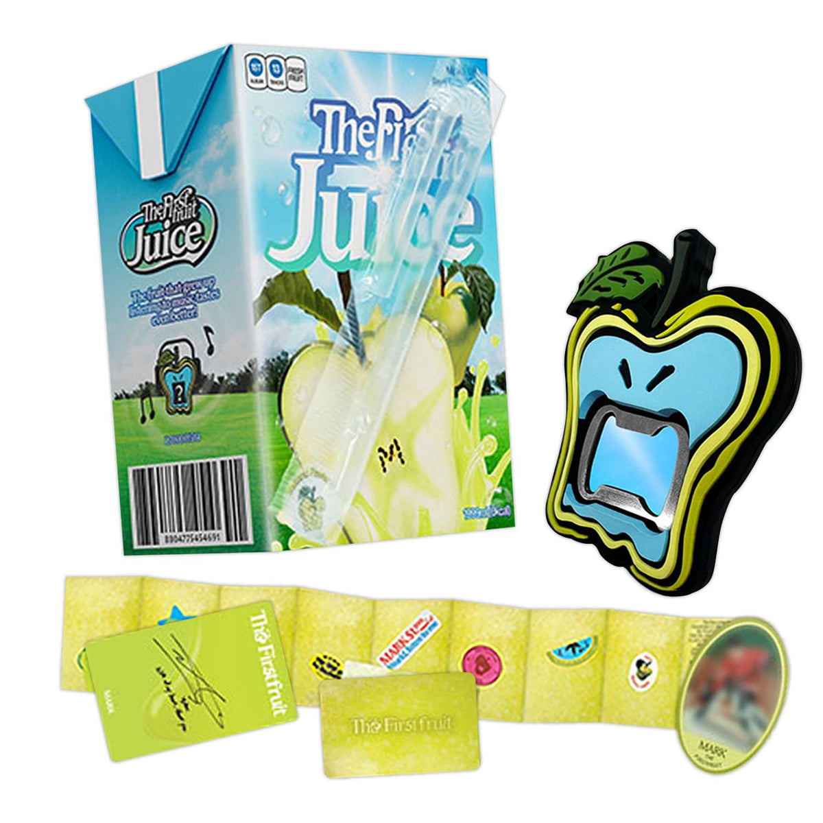 Mark Firstfruit album juice pack close-up—compact collectible keepsake.