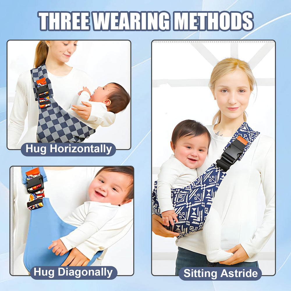 Marrlly Baby Sling Carrier horizontal carry position supports hands-free bonding and ergonomic wear.