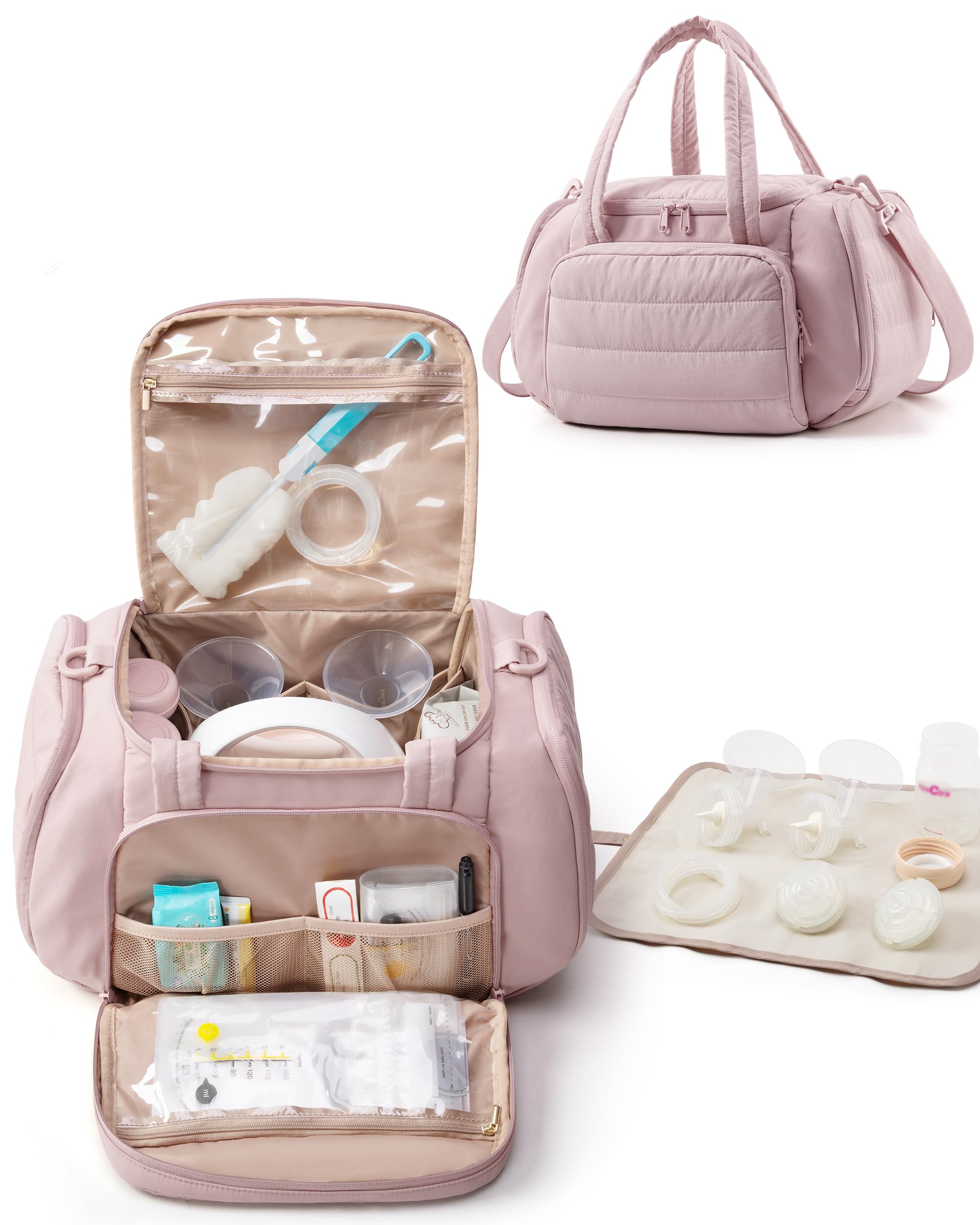 Marscamd quilted breast pump bag exterior pink, portable for on-the-go pumping