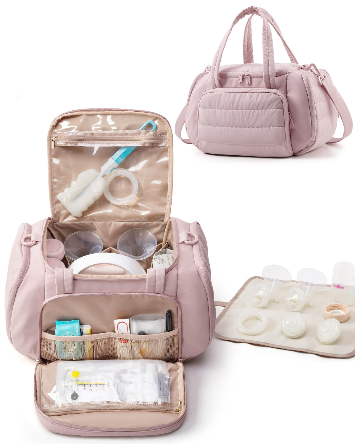 Marscamd quilted breast pump bag exterior pink, portable for on-the-go pumping