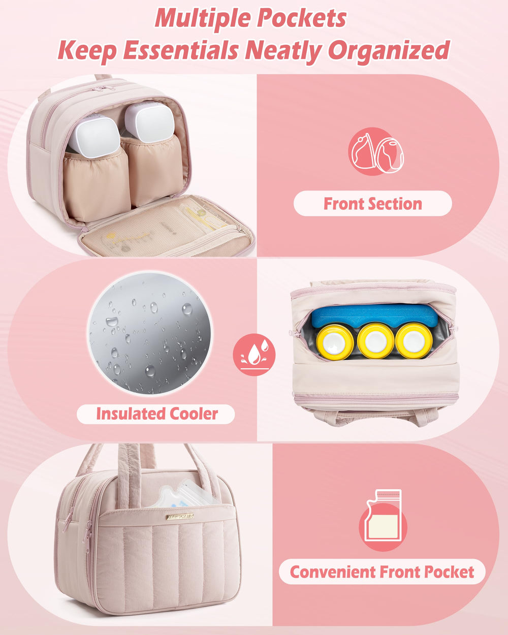 Marscamd wearable pump bag dusty pink front pockets keep bottles organized