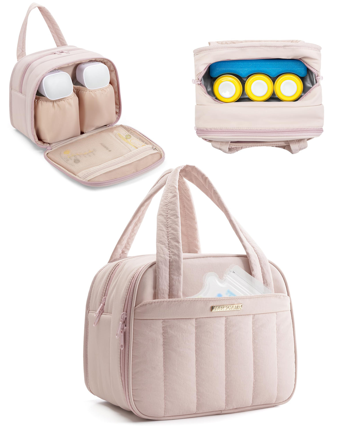 Marscamd quilted wearable pump bag dusty pink front view for on-the-go pumping