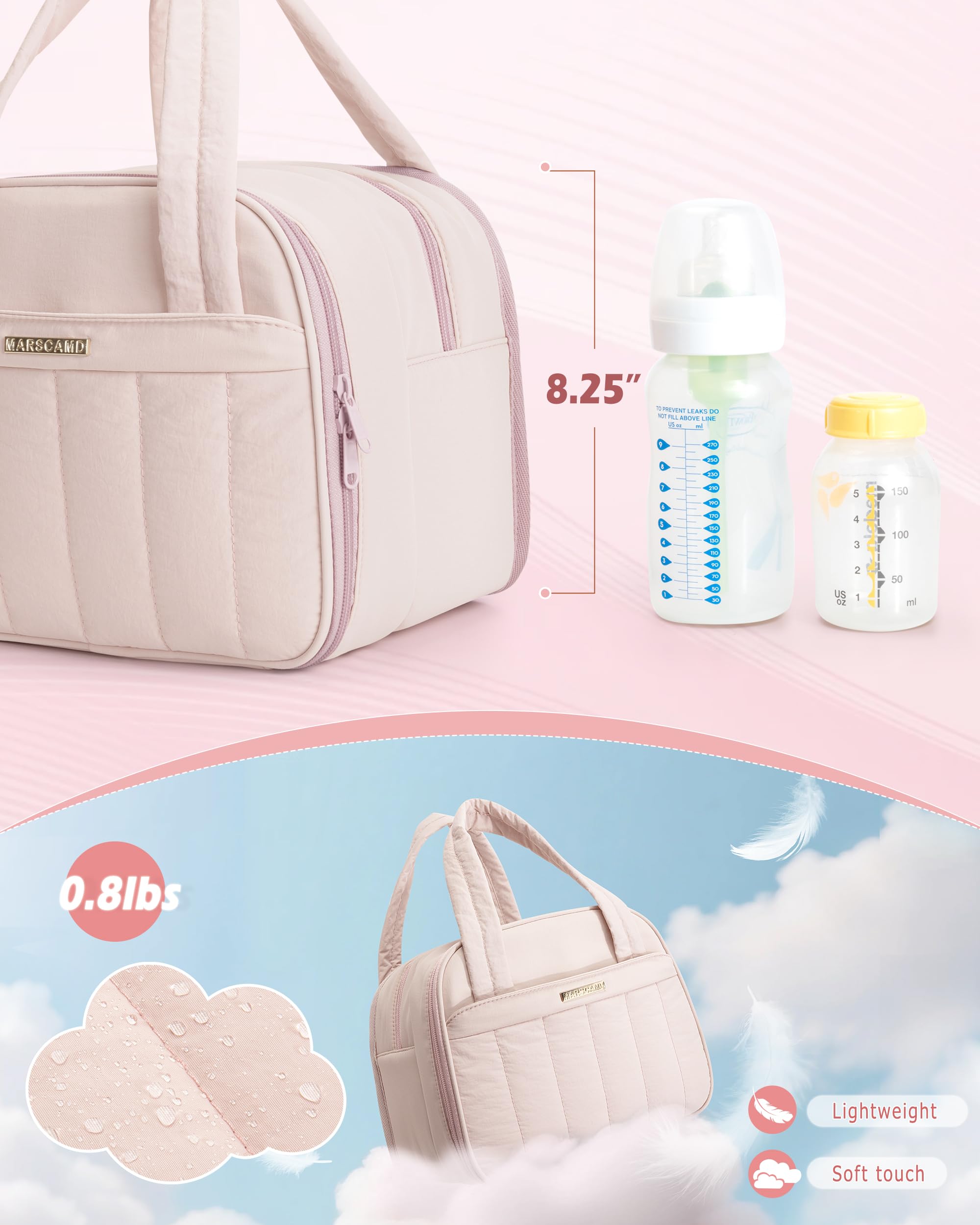 Marscamd quilted wearable pump bag dusty pink interior cooler shows leak-proof transport