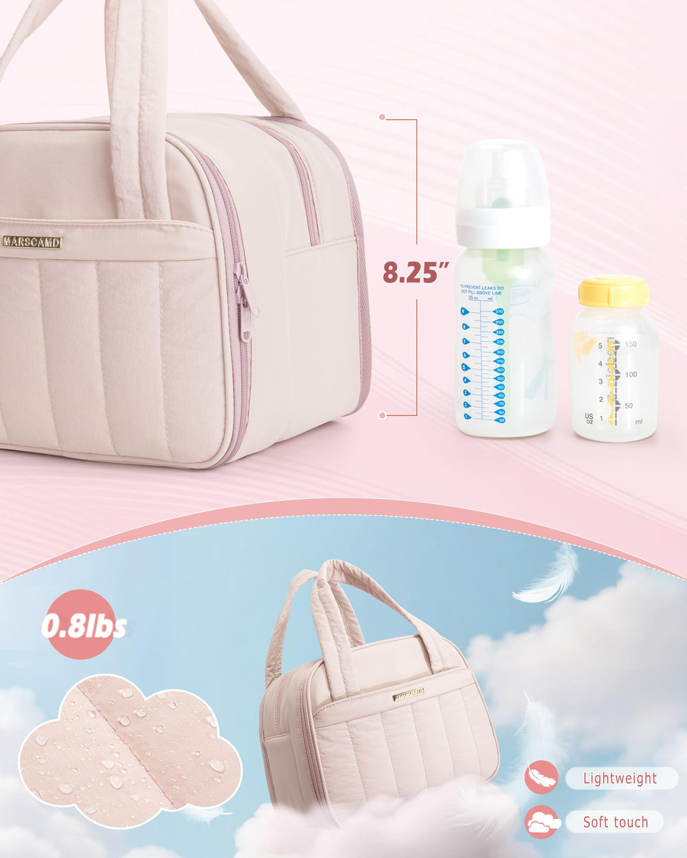 Marscamd quilted wearable pump bag dusty pink interior cooler shows leak-proof transport