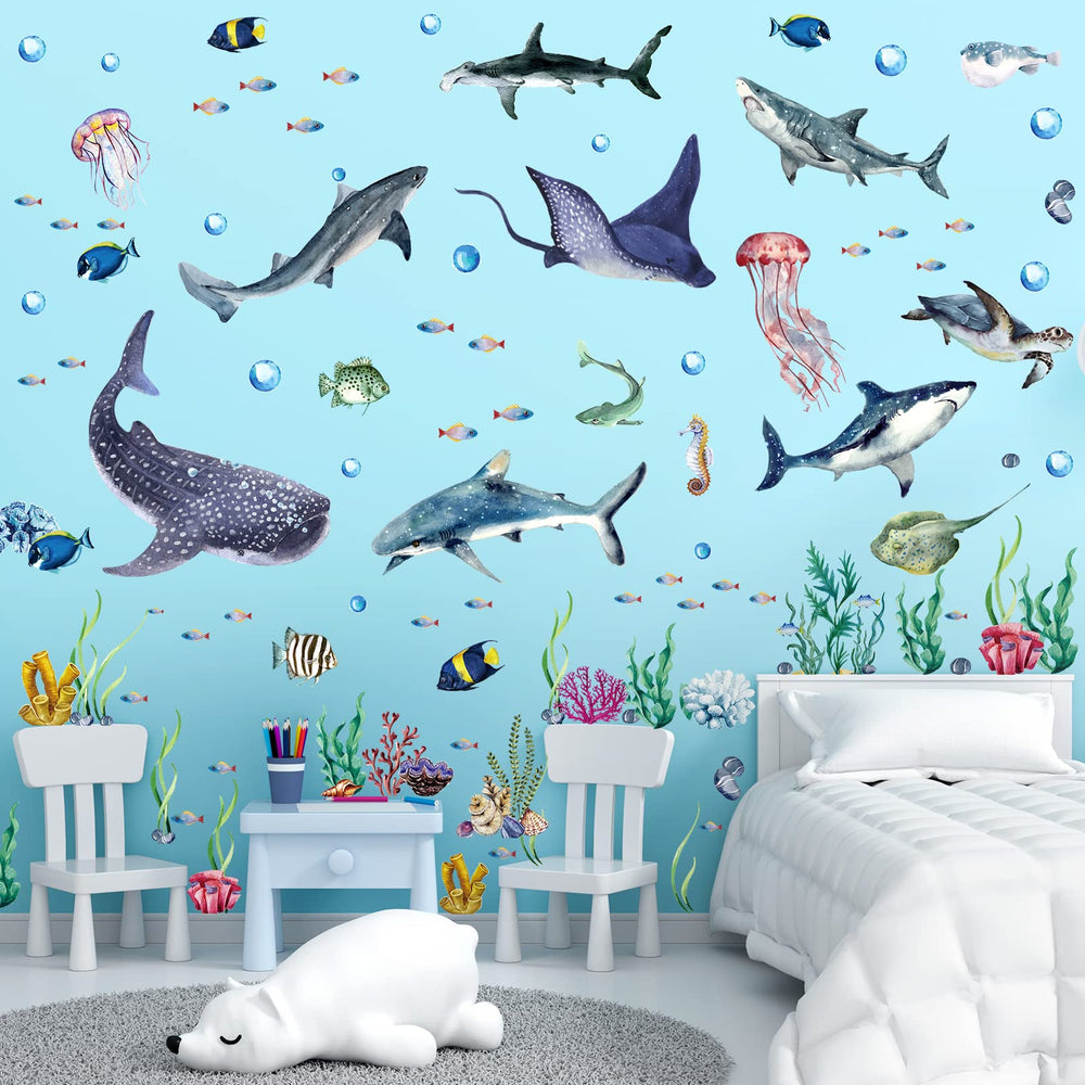 Marspark ocean animals decal set pairs sharks with other sea creatures for variety.