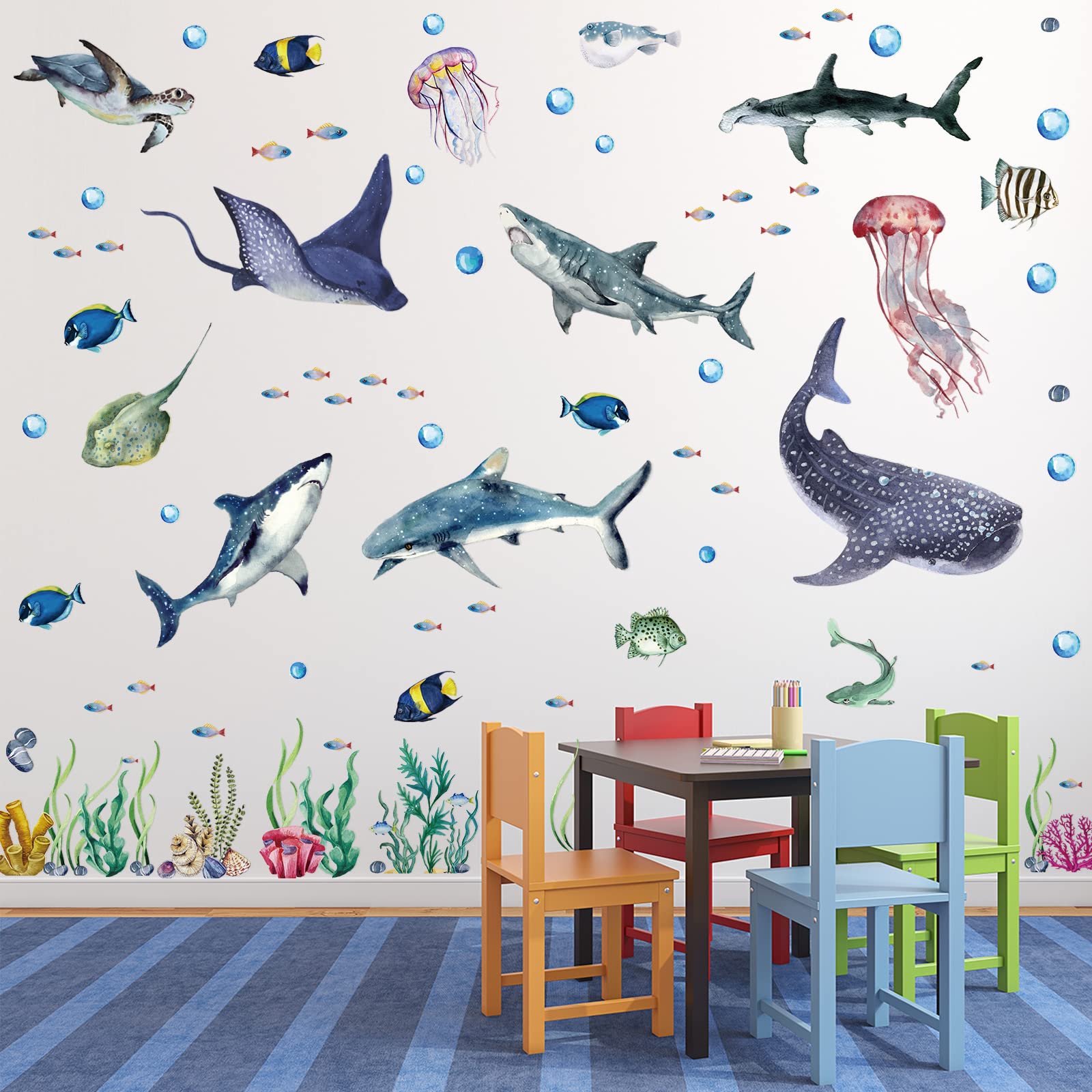 Marspark shark wall decal 3-piece set enhances nursery with playful undersea charm.