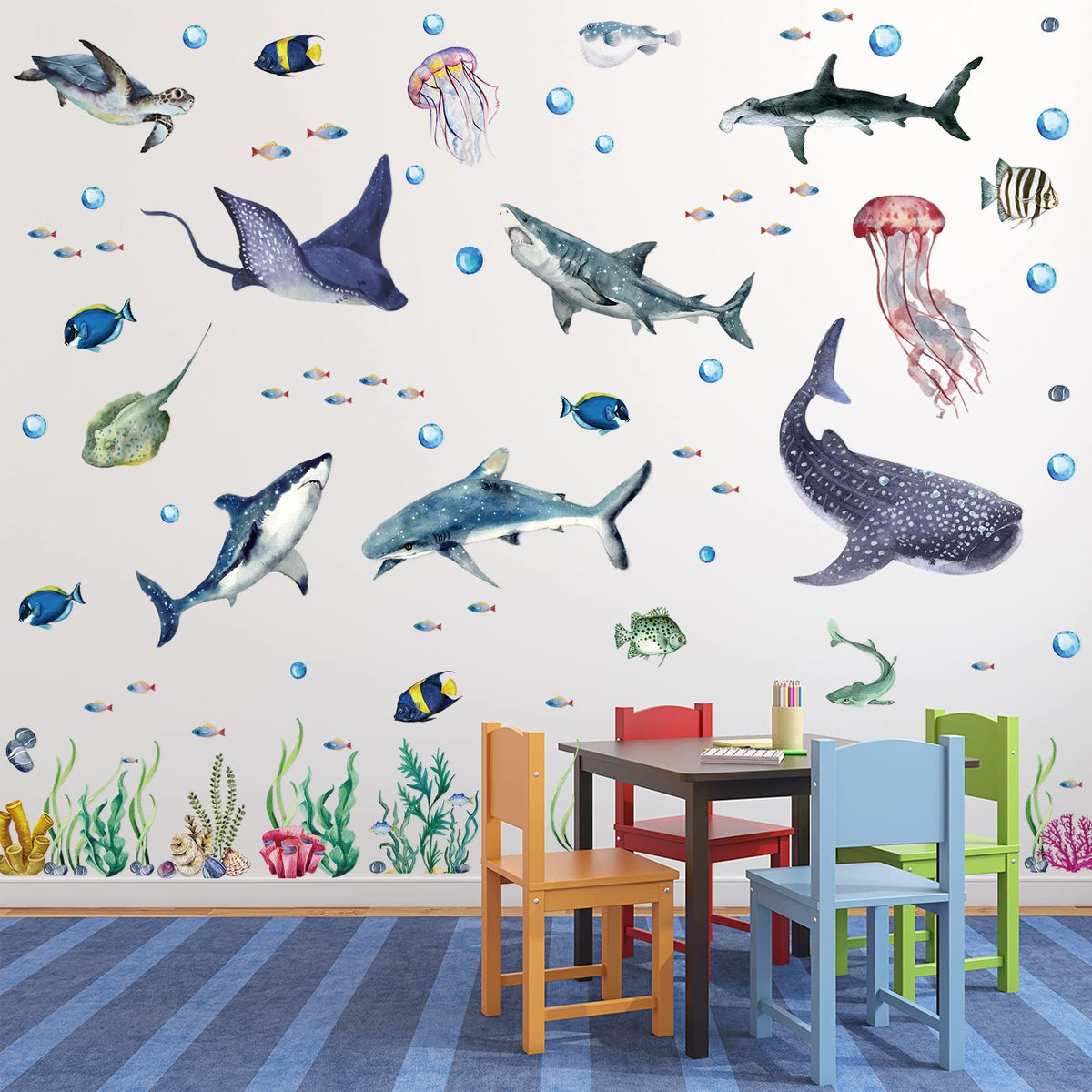 Marspark shark wall decal 3-piece set enhances nursery with playful undersea charm.