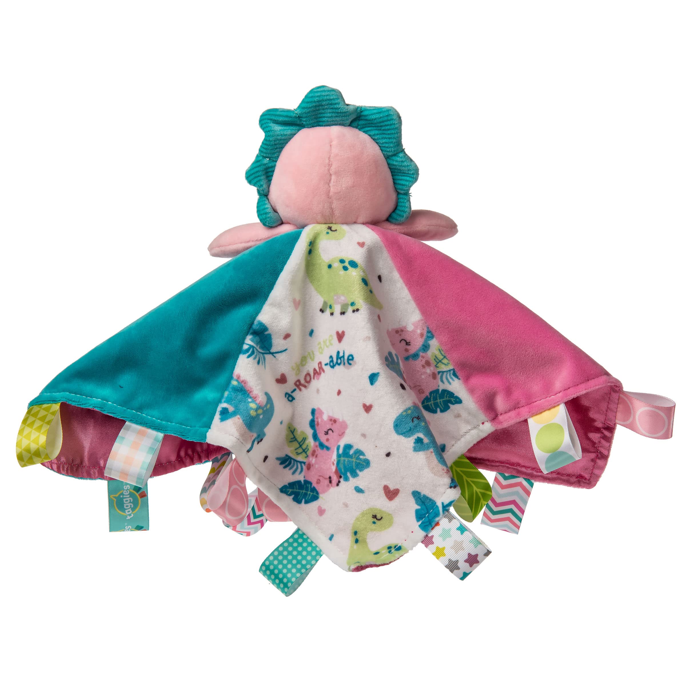 Mary Meyer Taggies Aroar-a-saurus satin lining showcases luxe texture for sensory engagement.