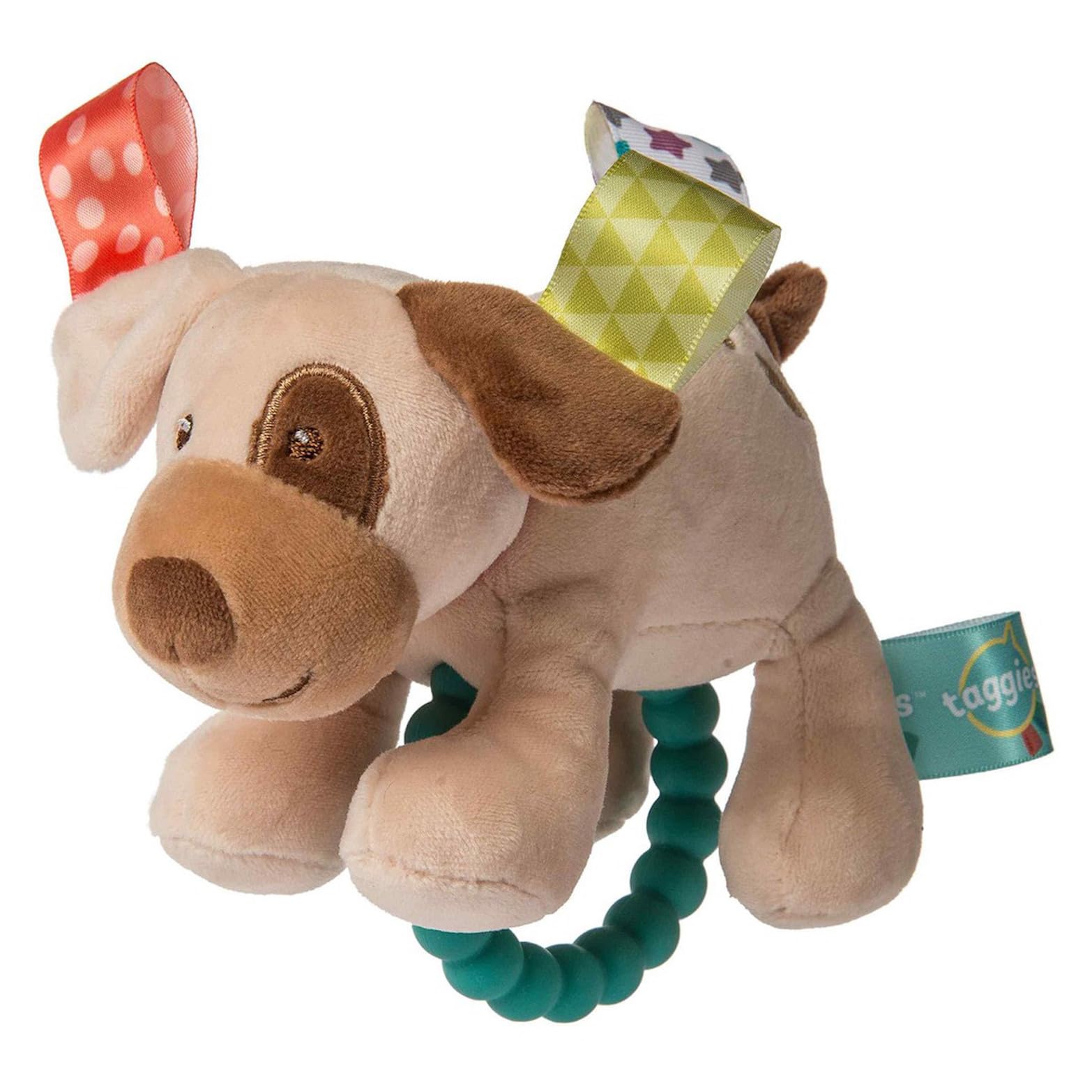 Mary Meyer Taggies Buddy Dog rattle and teether with silicone chew toy for soothing sensory play