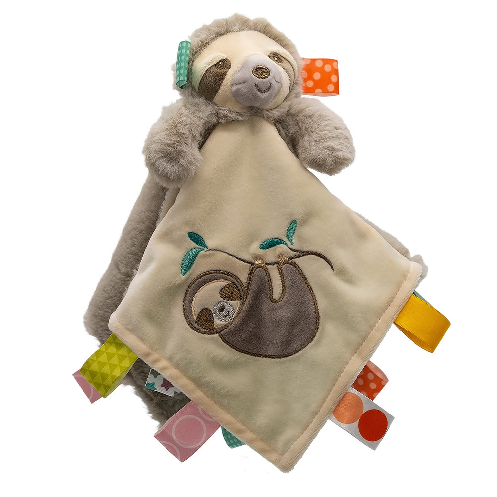 Mary Meyer Taggies Molasses Sloth close-up shows embroidered eyes and friendly smile.