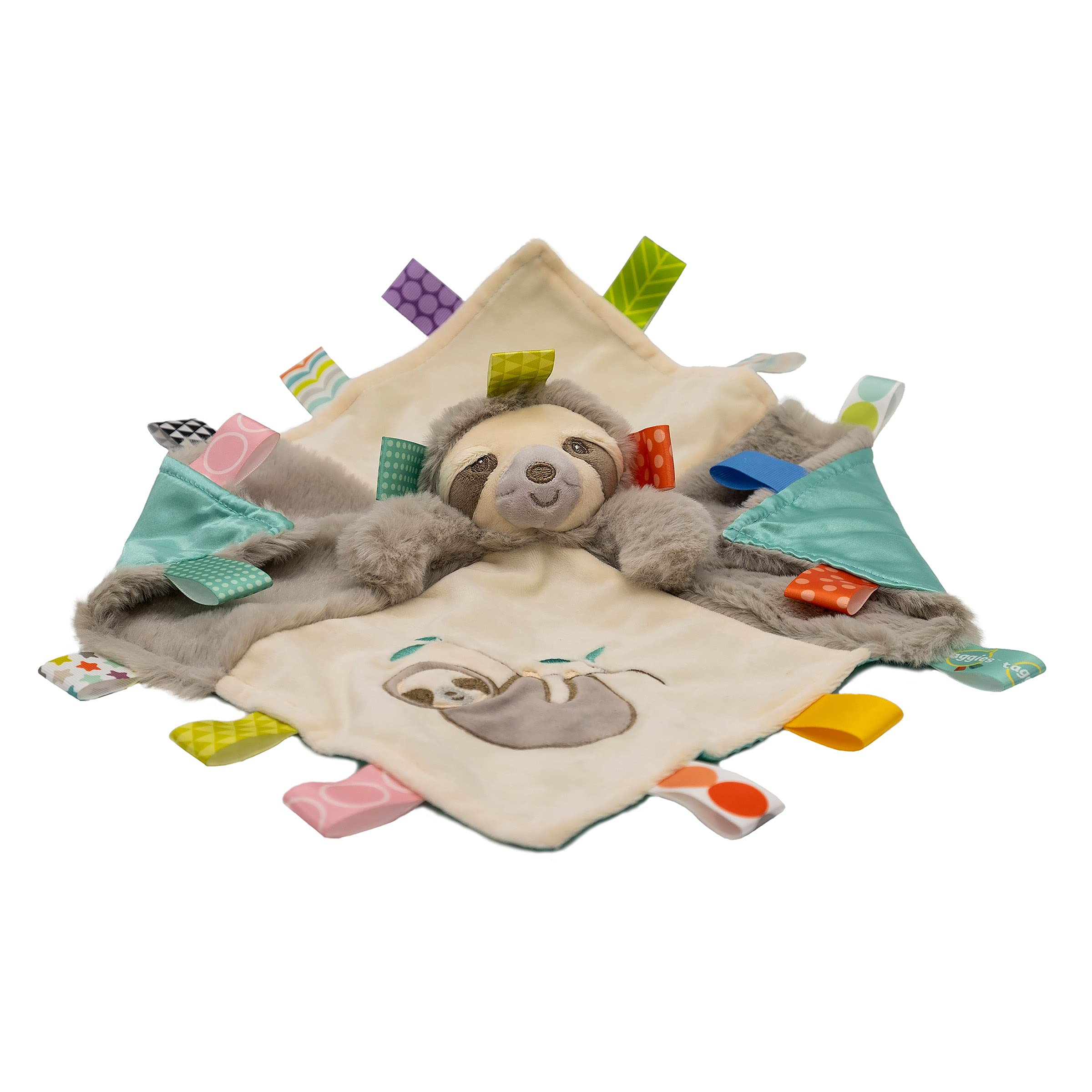 Mary Meyer Taggies Molasses Sloth interactive tags encourage sensory exploration.