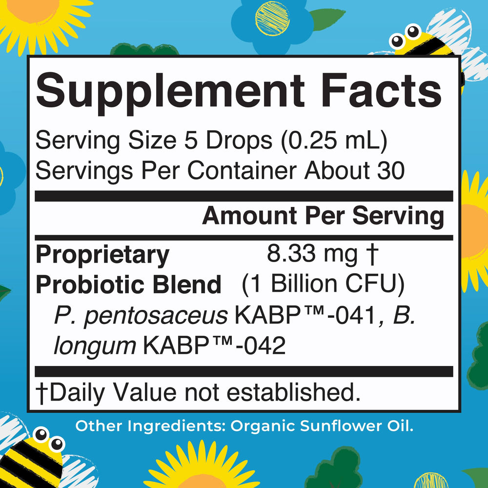 MaryRuth Organics Baby Probiotic Drops dropper dispensing a precise 5-drop dose