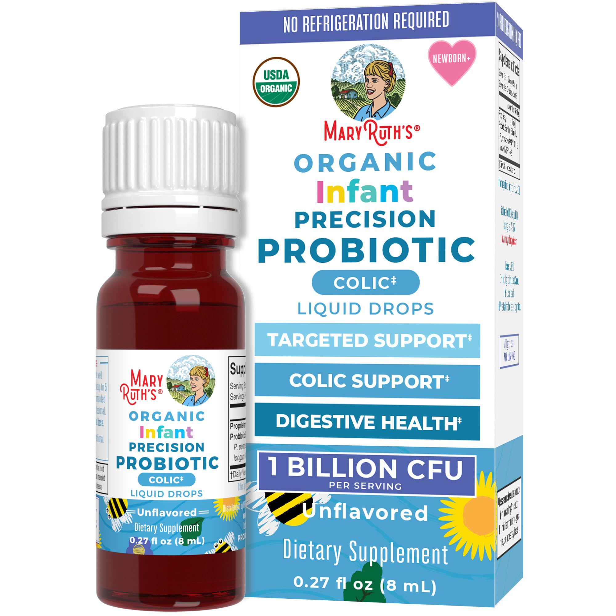 MaryRuth Organics Baby Probiotic Drops bottle front view for gentle infant support