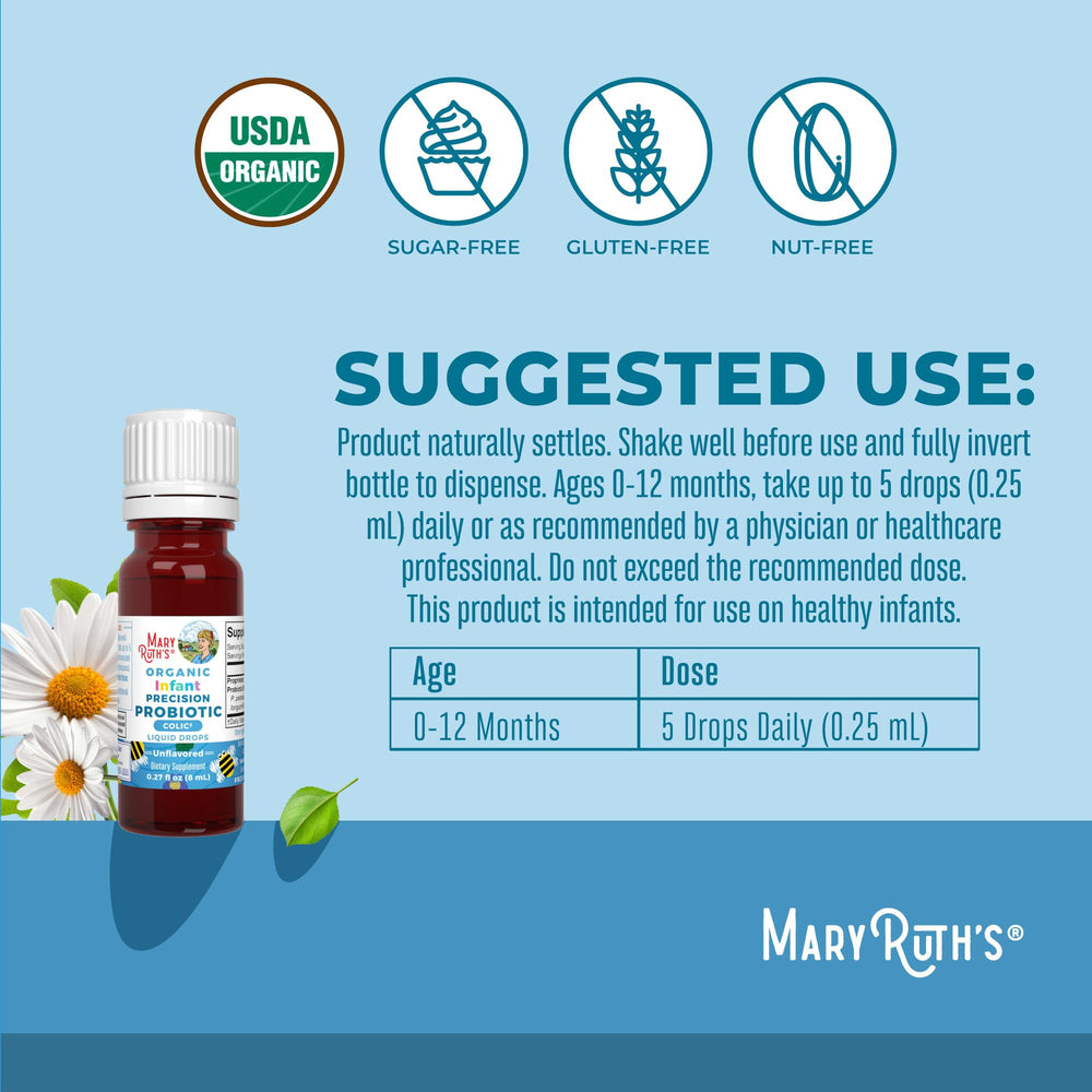 MaryRuth Organics Baby Probiotic Drops organic label highlights USDA Organic and vegan attributes