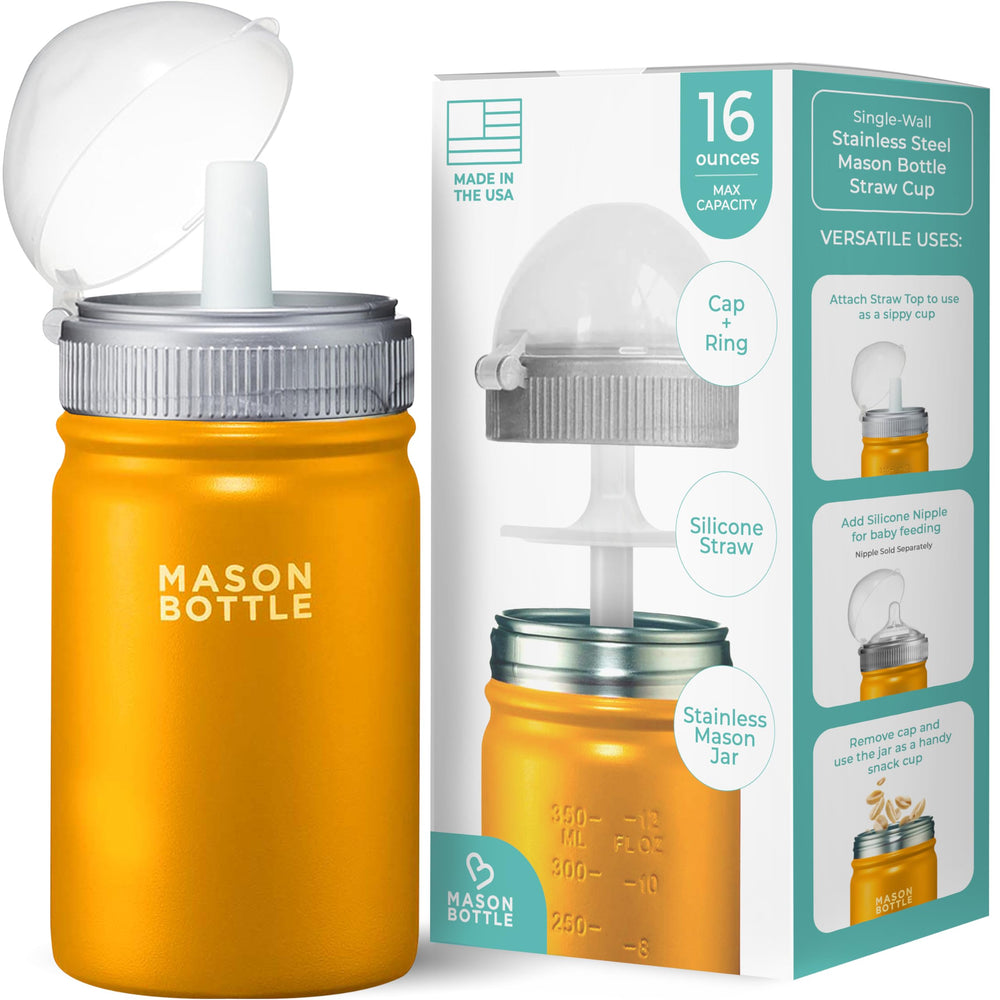 Mason Bottle 16oz kids cup with yellow lid and straw for spill-free sipping