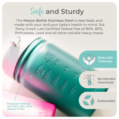 Mason Bottle 16oz jar closeup material emphasizes BPA-free stainless steel