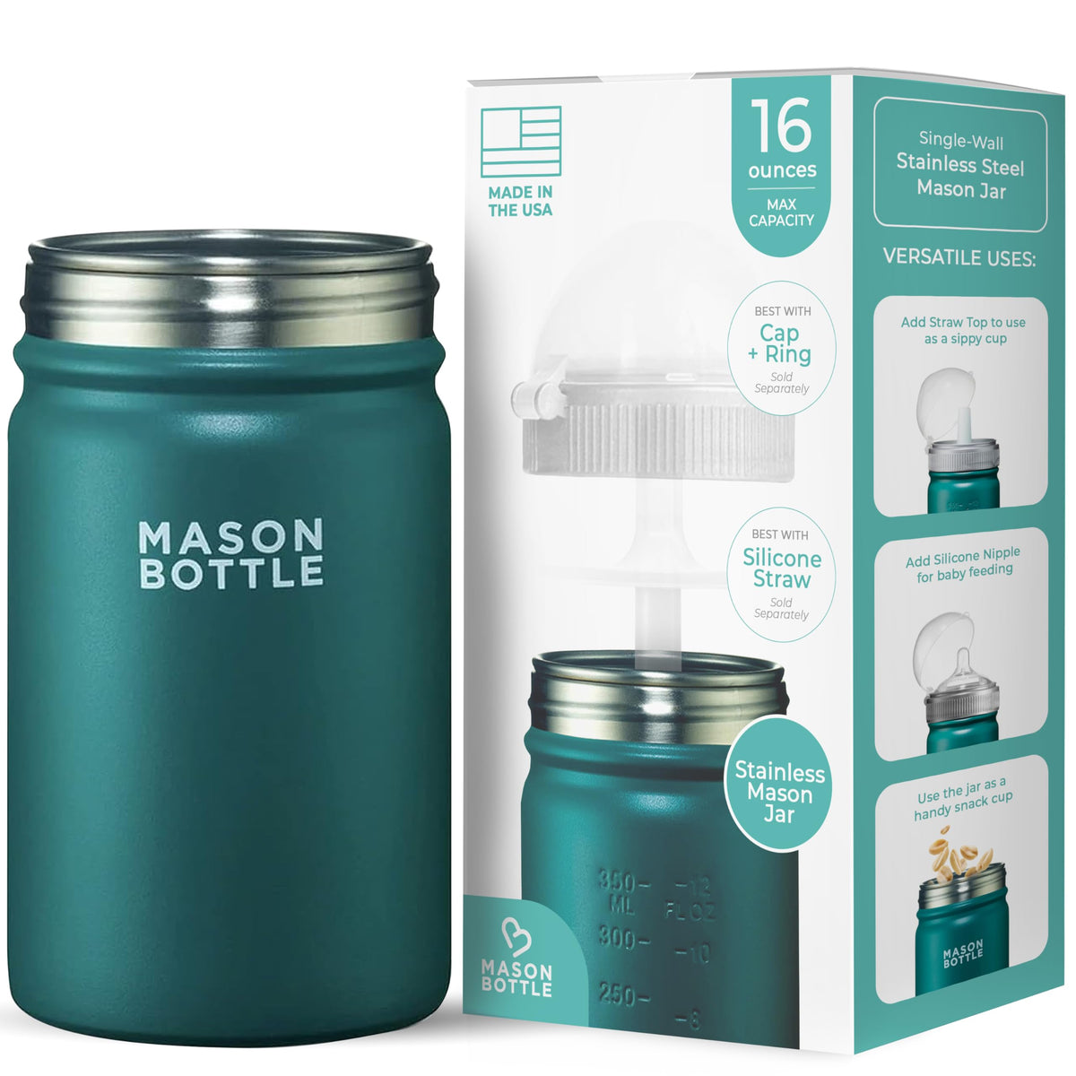 Mason Bottle 16oz jar side view highlighting ultra-lightweight design for toddlers