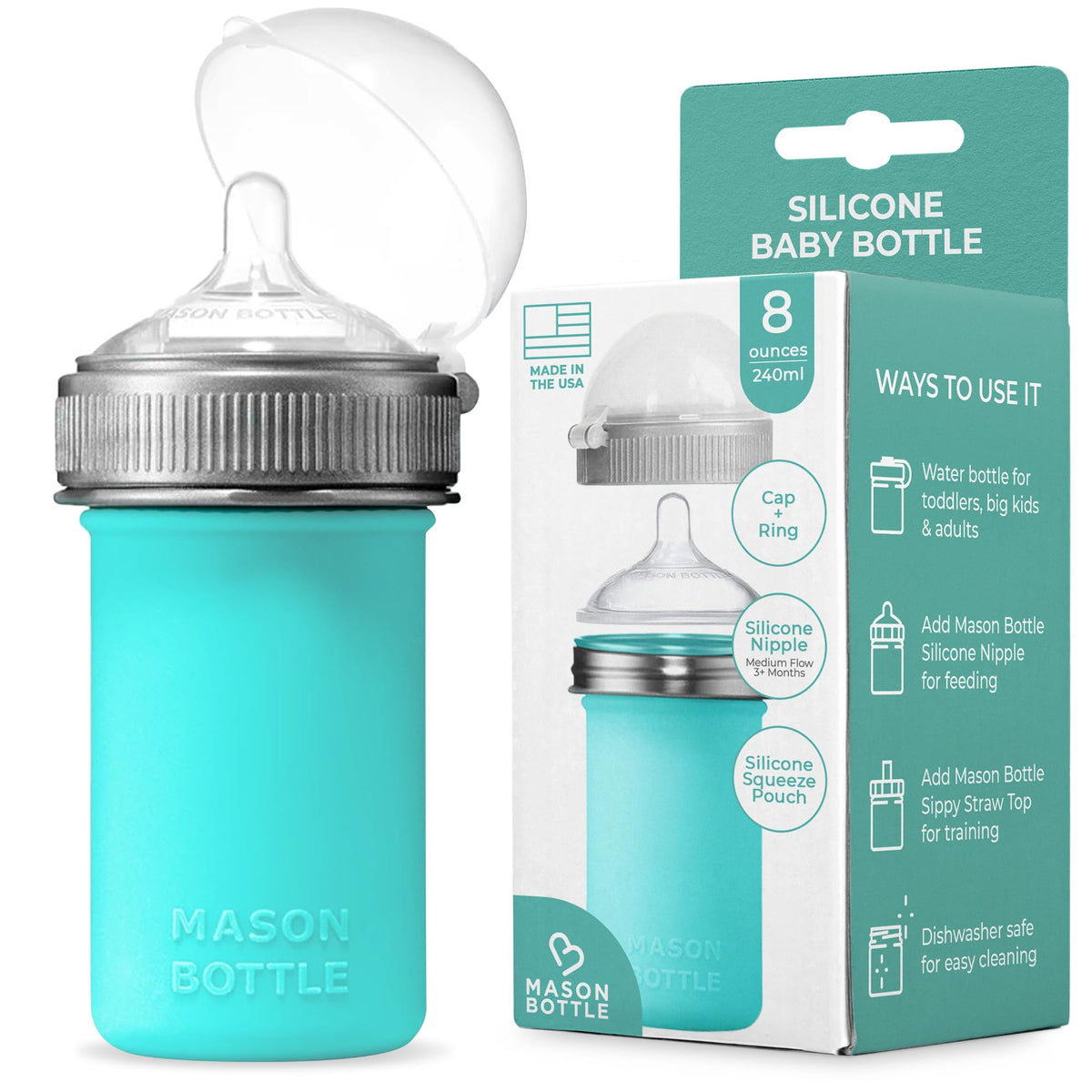 Mason Bottle 8oz silicone bottle in teal for on-the-go feeding.