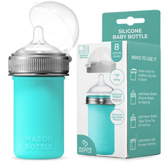 Mason Bottle 8oz silicone bottle in teal for on-the-go feeding.
