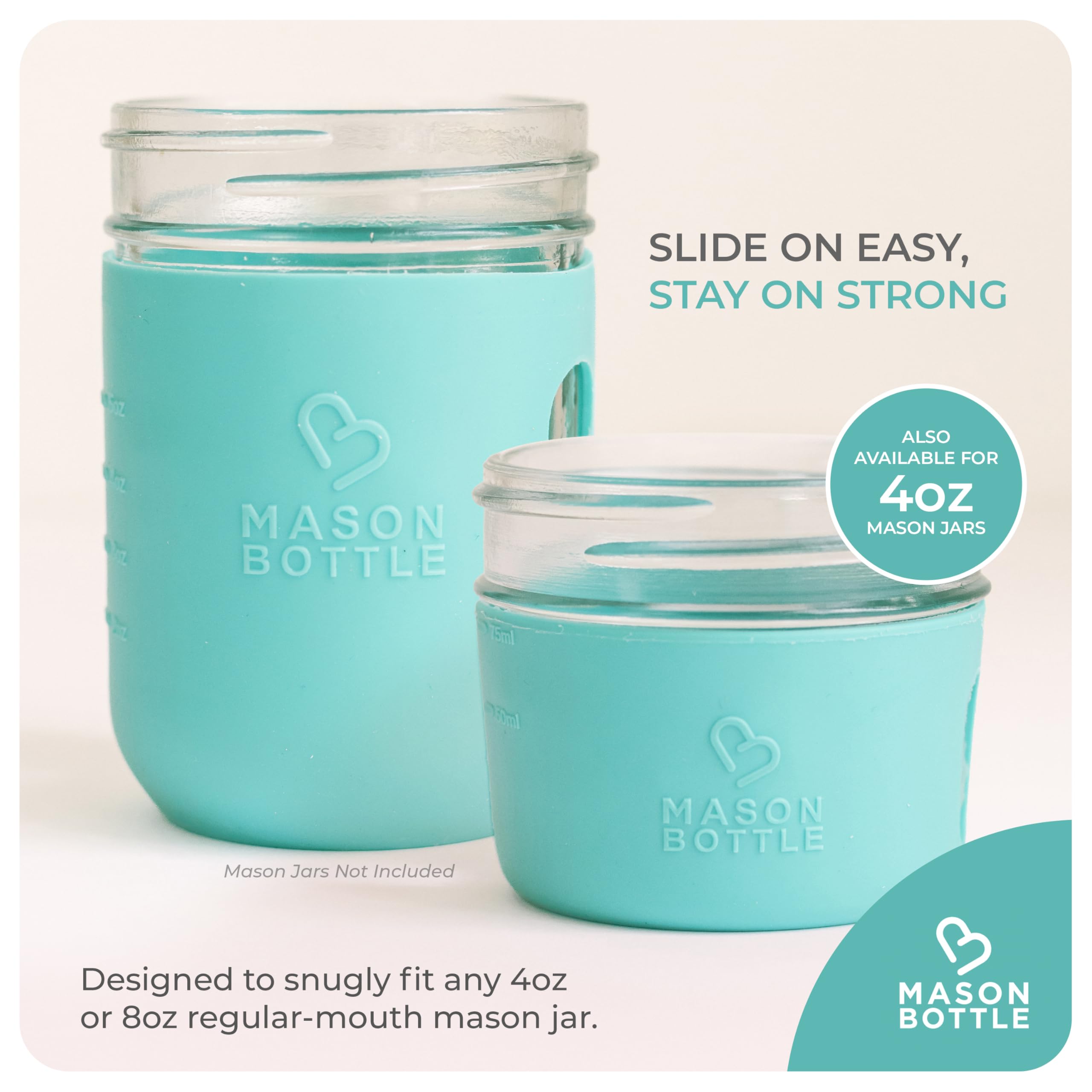 Mason Bottle 8oz silicone sleeve non-slip helps prevent spills on slick countertops.