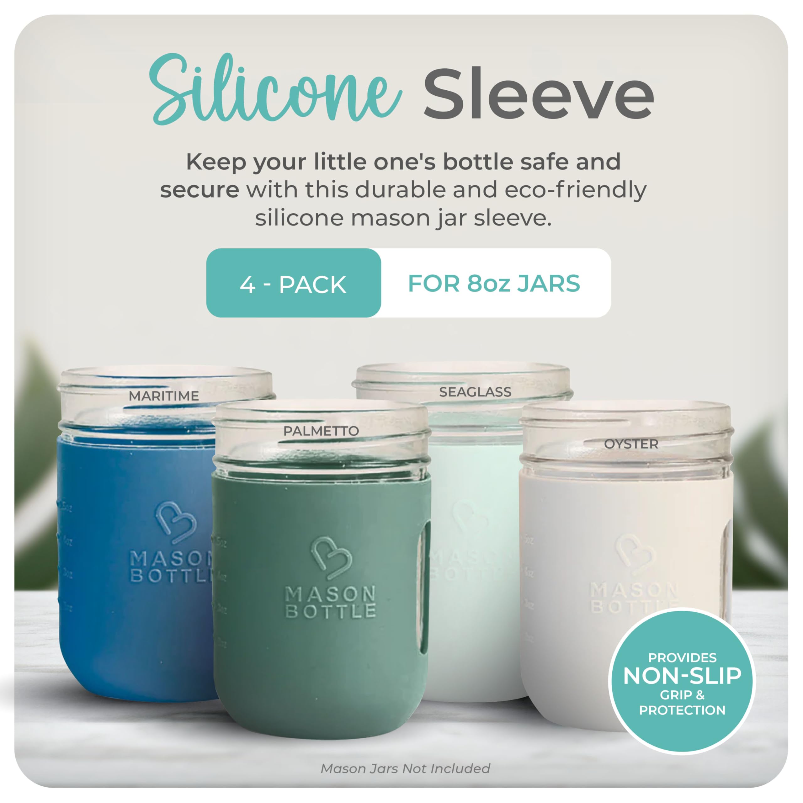 Mason Bottle 8oz silicone sleeve Palmetto adds color while protecting jars during transport