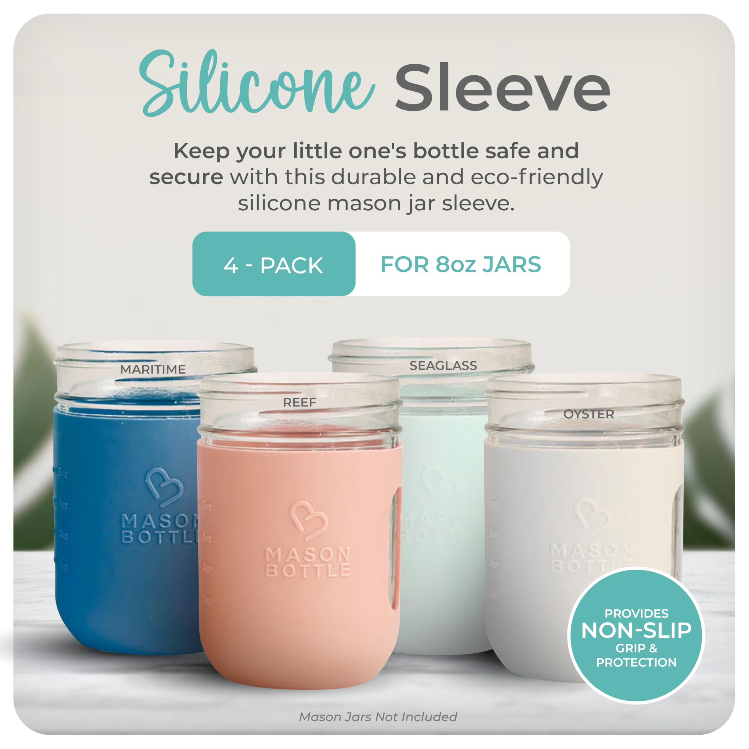 Mason Bottle 8oz silicone sleeve reef protects jars and brightens kitchen storage.