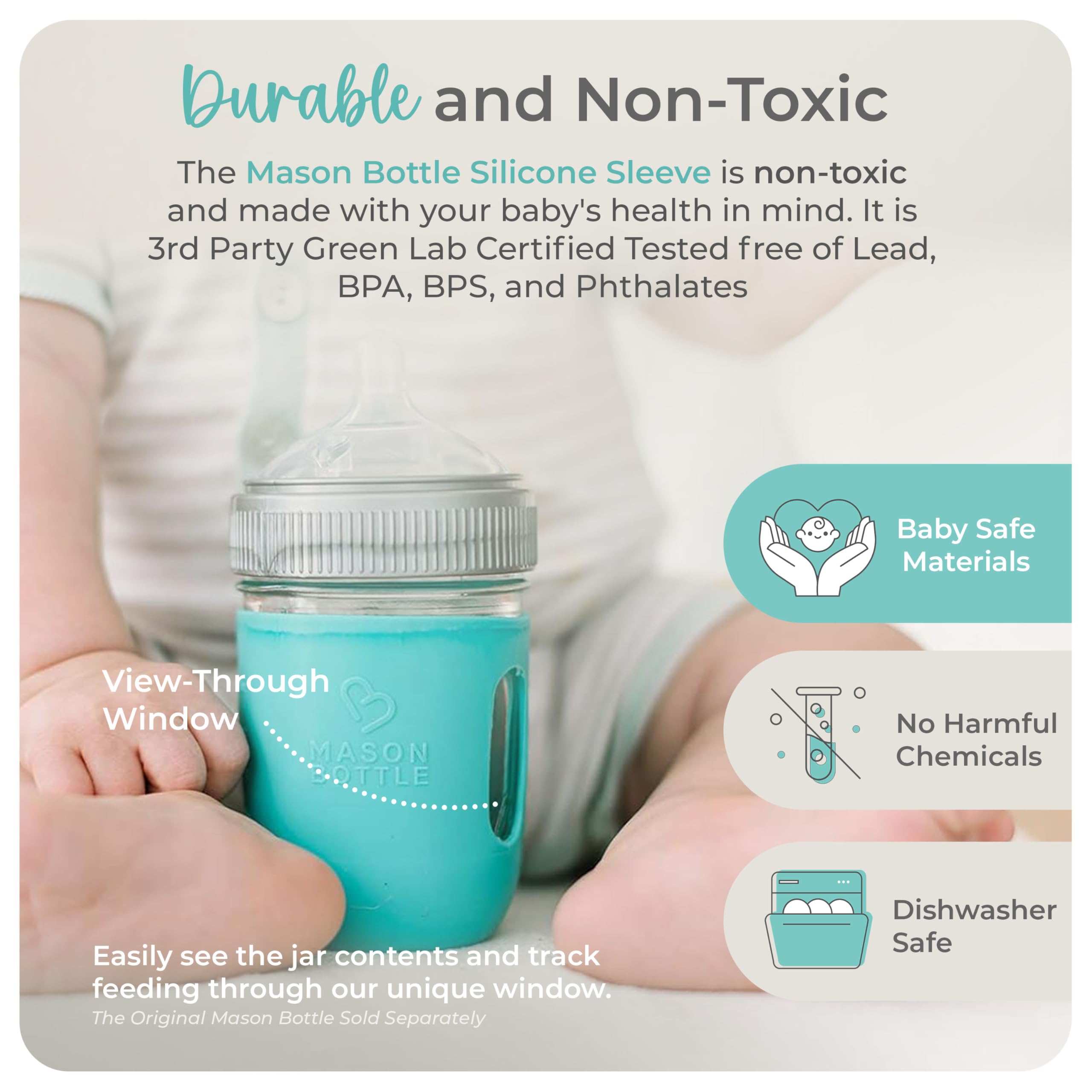 Mason Bottle 8oz silicone sleeve Seaglass offers stylish protection and easy cleanup in dishwasher