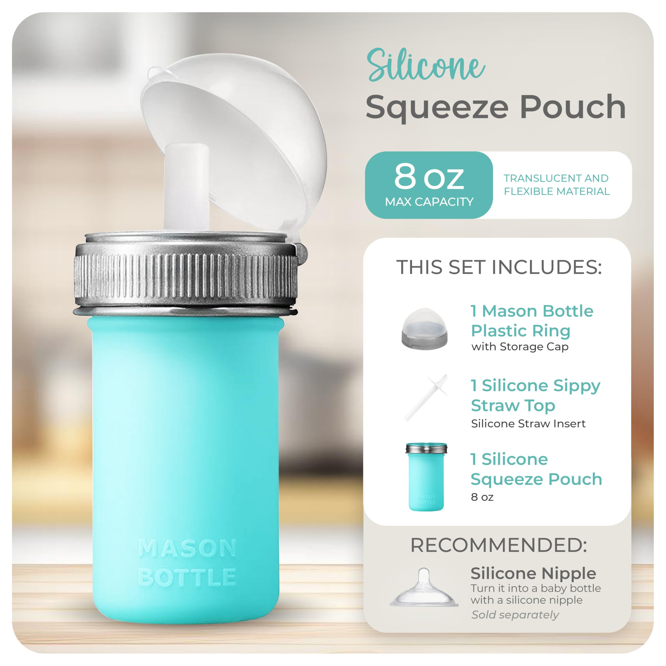 Mason Bottle 8oz silicone pouch collapsible design saves space for on-the-go meals.
