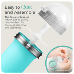 Mason Bottle 8oz teal pouch features leak-resistant construction for mess-free snacks.