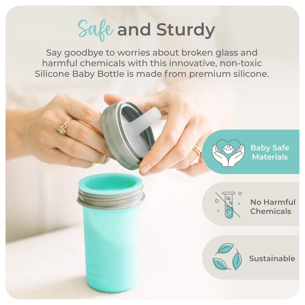Mason Bottle 8oz BPA and BPS-free silicone promotes safe everyday feeding.