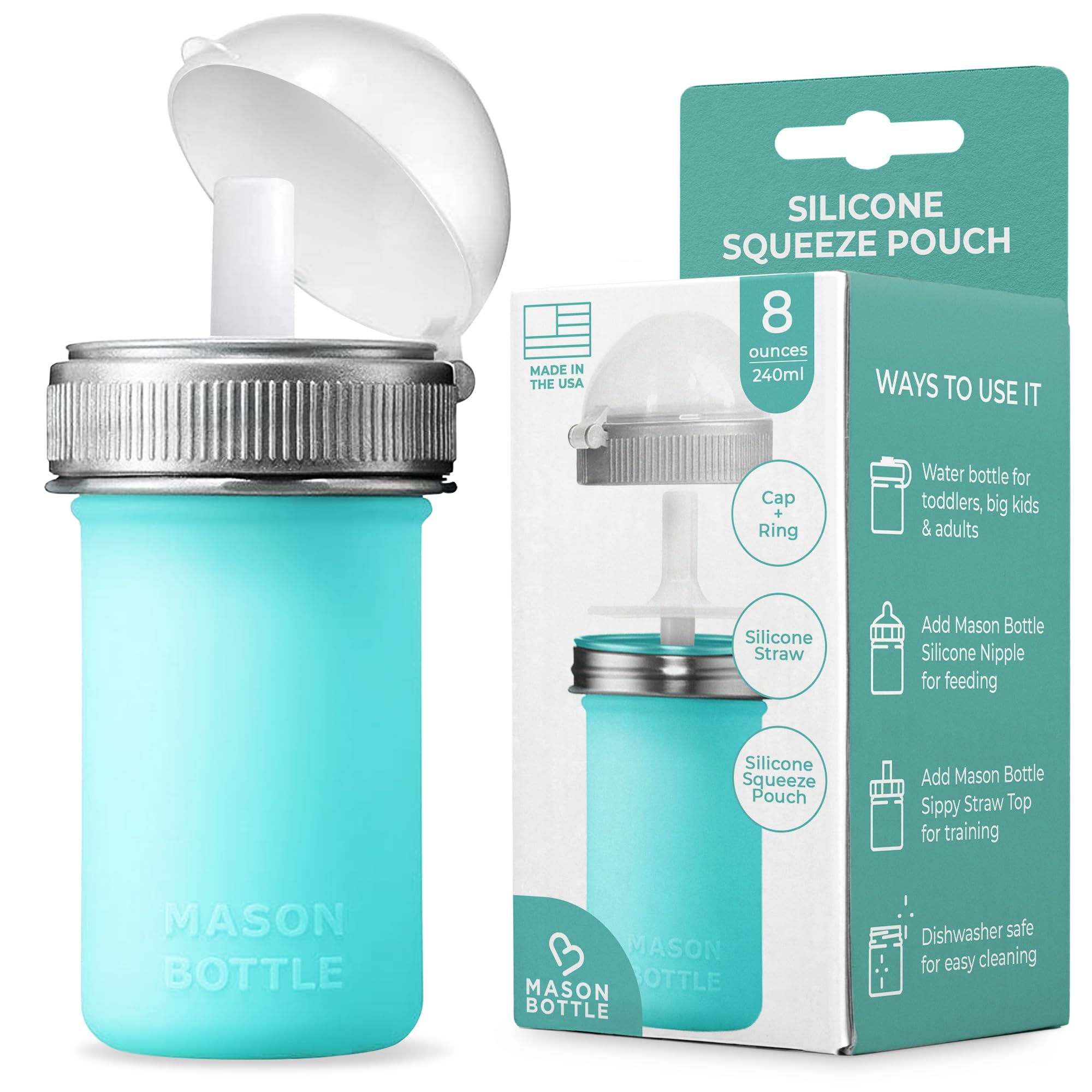 Mason Bottle 8oz pouch with straw enables easy feeding for babies and toddlers.