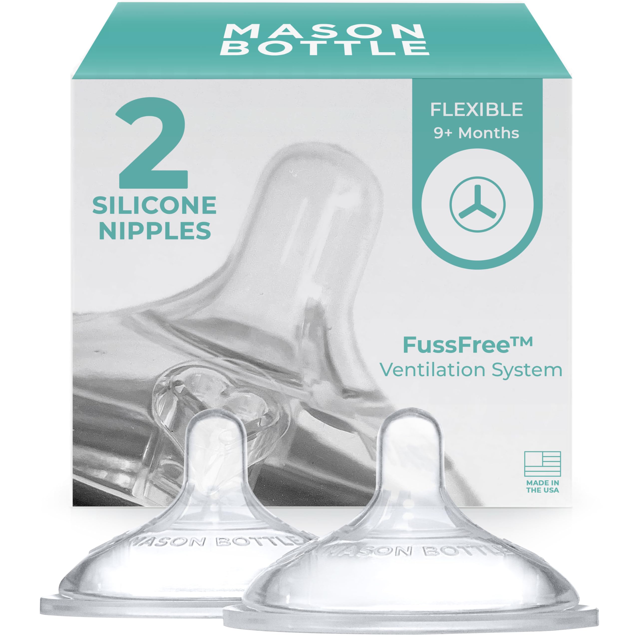 Mason Bottle Flexible Flow Nipples with wide natural shape for a natural-feel feeding.