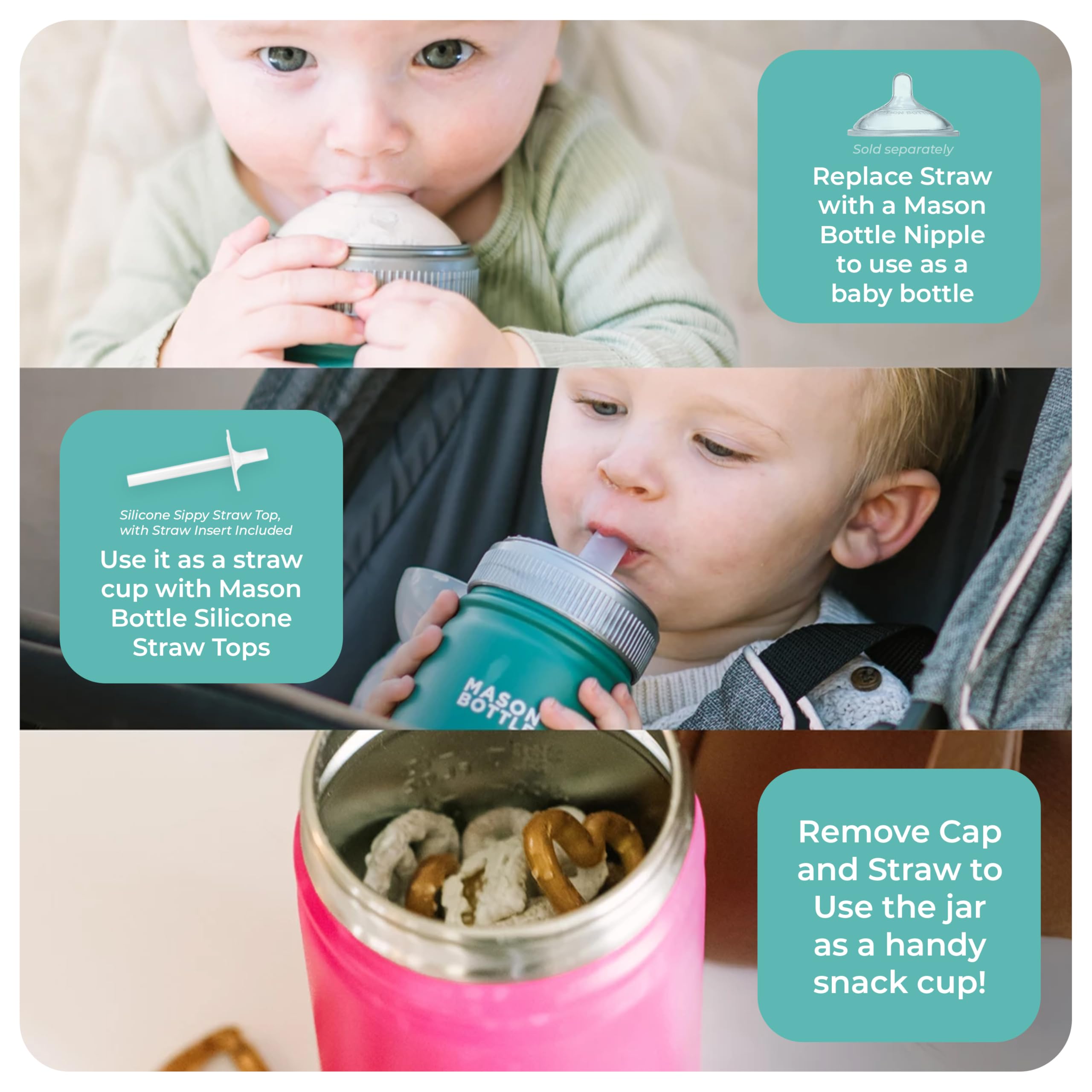 Flow-control straw top on Mason Bottle to reduce spills during meals