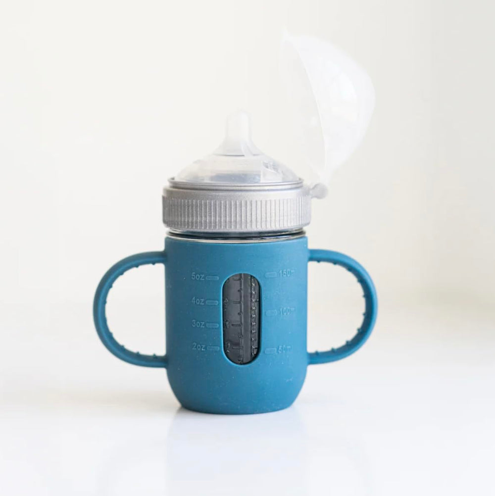 Mason Bottle sleeve compatible with nipple or straw tops for versatile sippy setup.