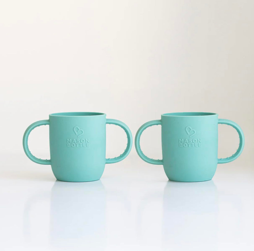Mason Bottle handled silicone sleeve turquoise 8oz improves grip during infant feeding.