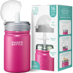 Mason Bottle Kids 16oz pink mason jar cup with straw offers easy grip for small hands.