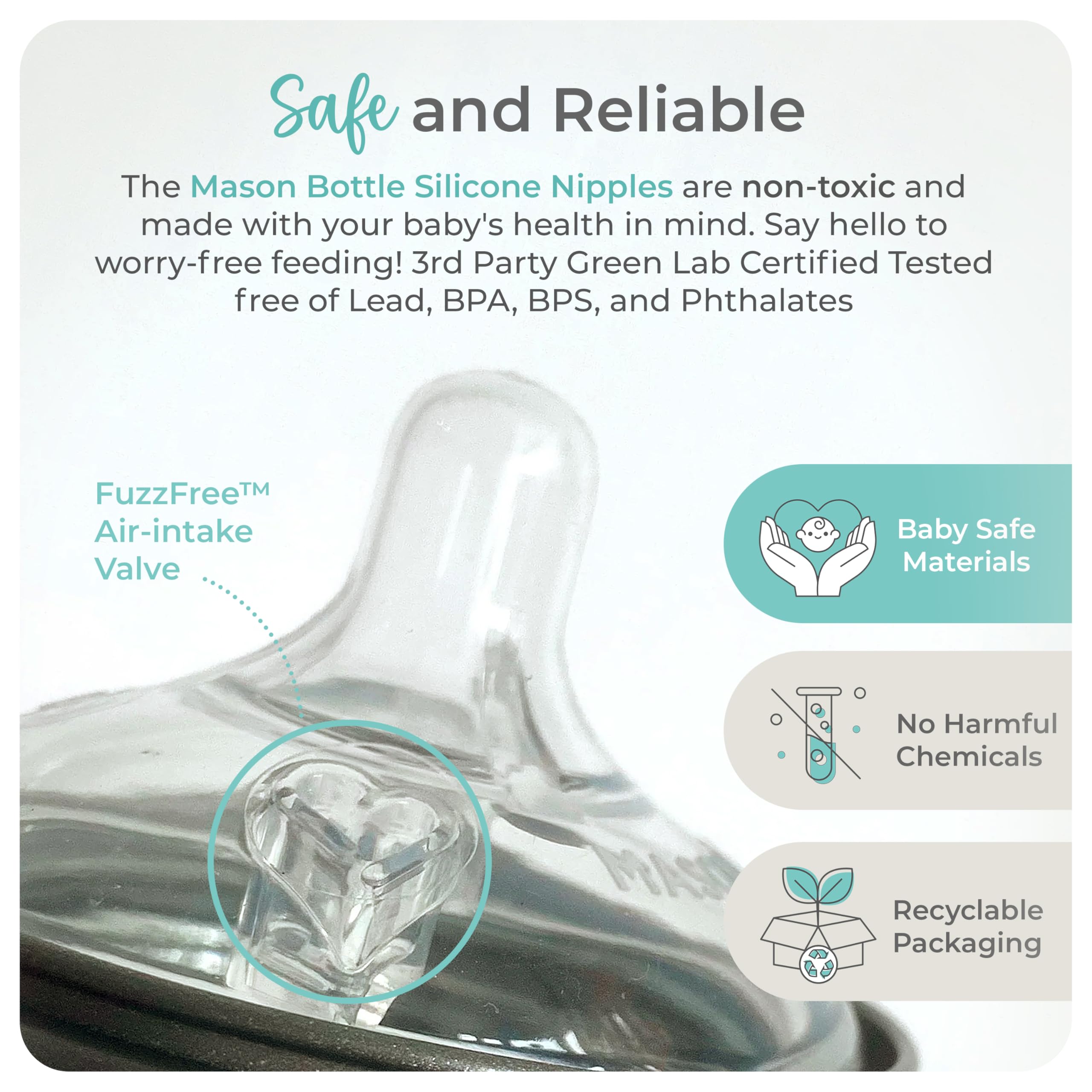 Mason Bottle made-in-USA silicone nipples ensure high-quality feeding materials.