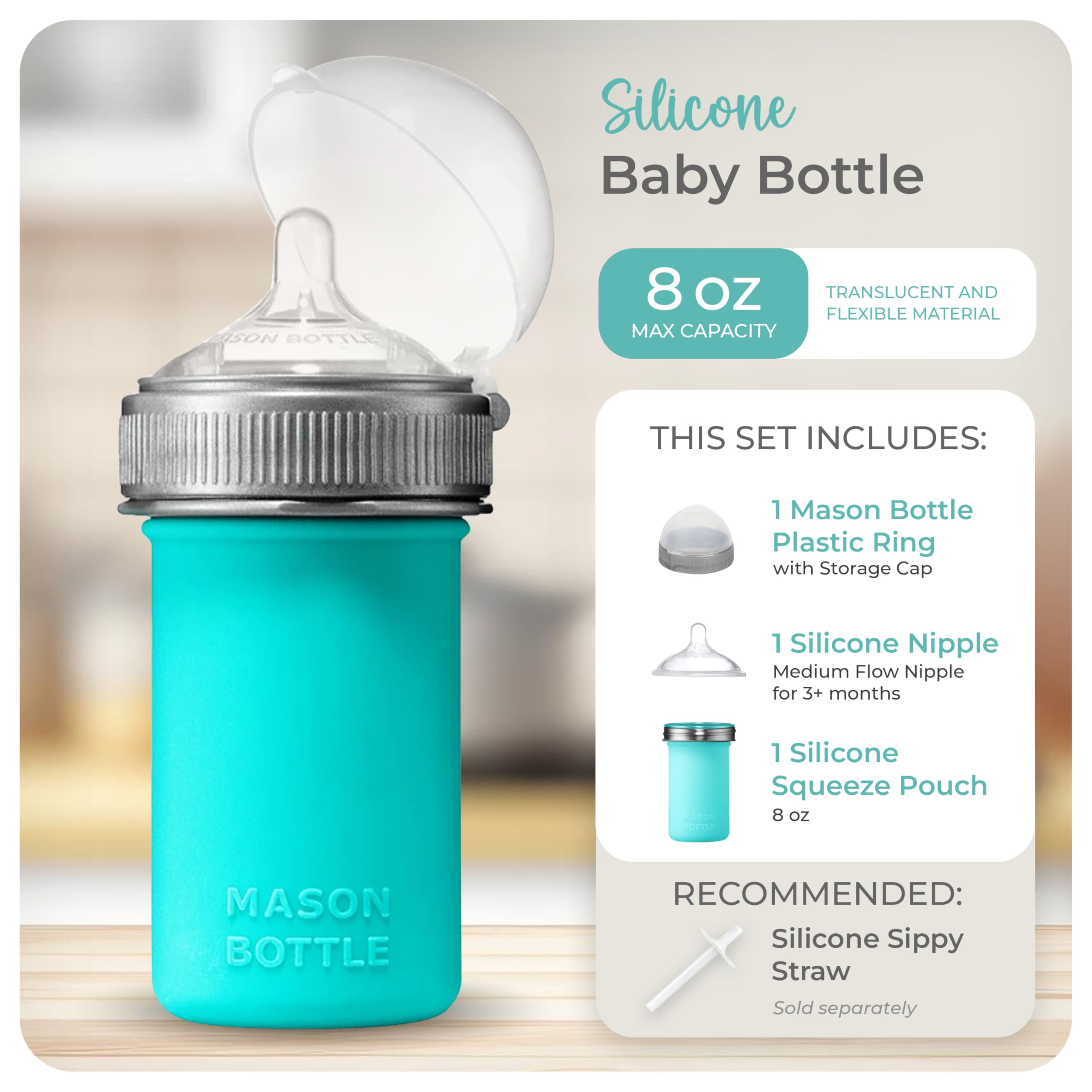 Mason Bottle medium-flow nipple in teal supports age-appropriate feeding.