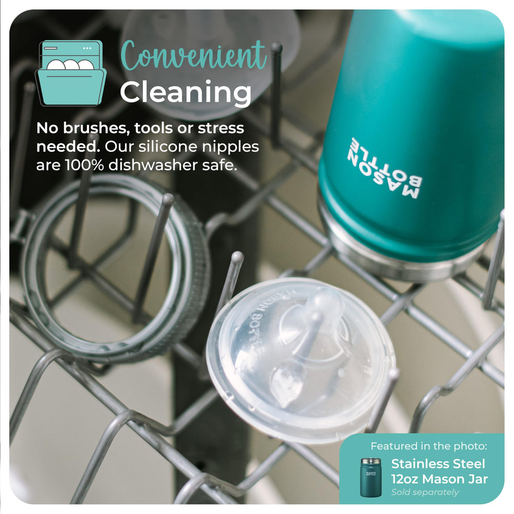 Mason Bottle BPA-free silicone nipples provide non-toxic feeding options.