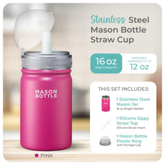 Mason Bottle pink lid and straw-top flow-control reduces spills for mess-free sipping.