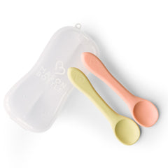 Mason Bottle silicone baby spoons Buttercup in case for on-the-go feeding and easy cleanup.