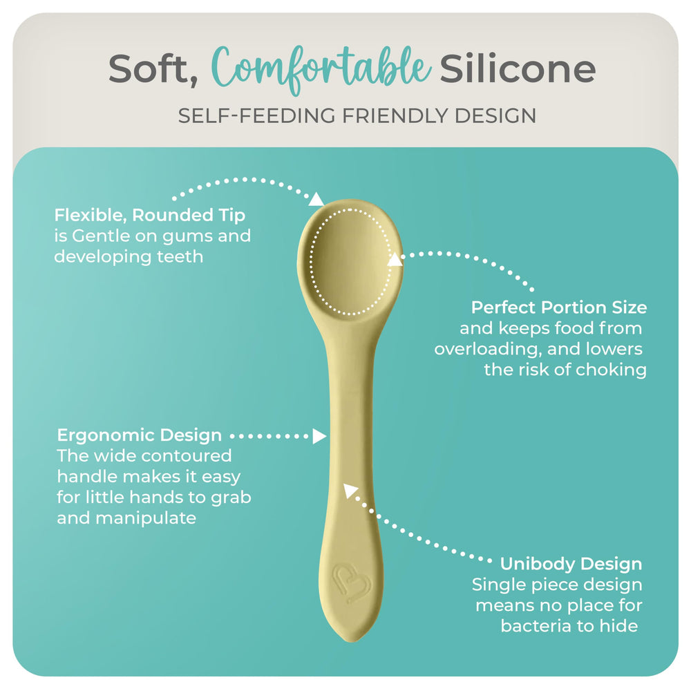 Mason Bottle silicone baby spoons closeup soft-tip highlights gentle feeding for tiny mouths.