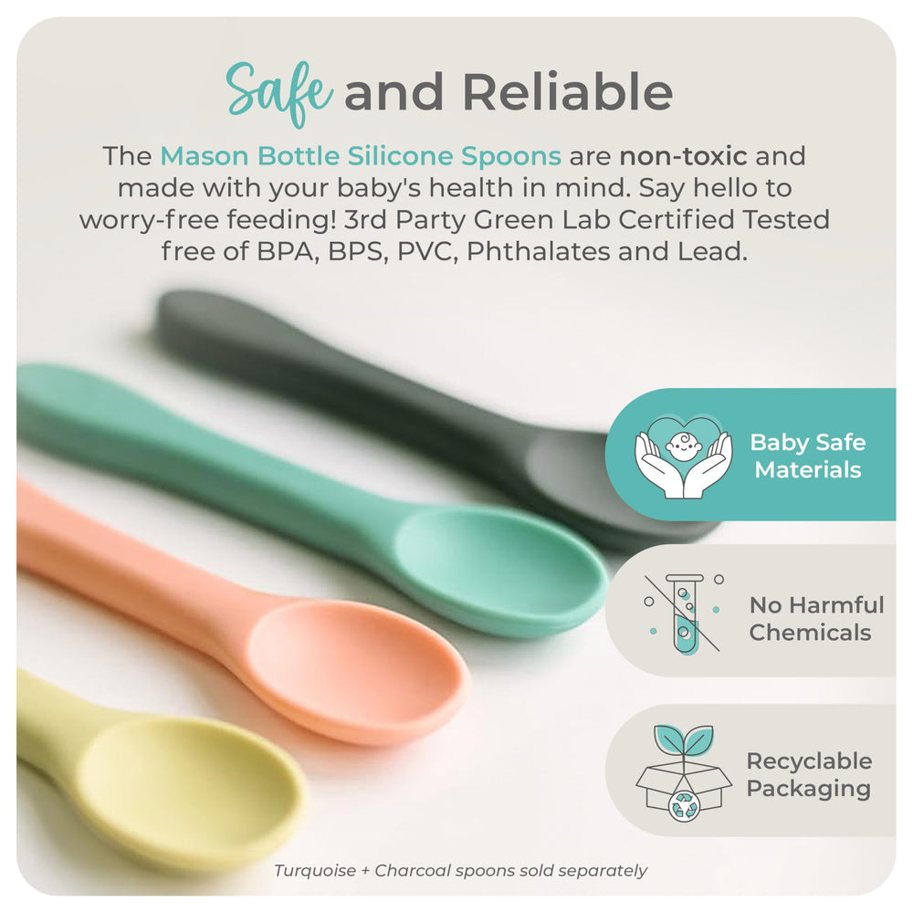 Mason Bottle silicone baby spoons dishwasher-safe design simplifies busy parent mealtime routines.