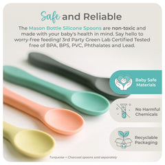Mason Bottle silicone baby spoons dishwasher-safe design simplifies busy parent mealtime routines.