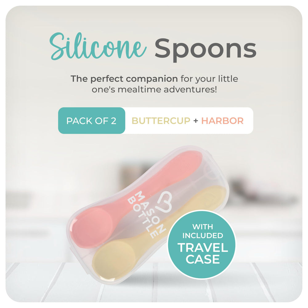 Mason Bottle silicone baby spoons Harbor in case for safe, non-toxic meals at home or travel.