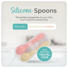 Mason Bottle silicone baby spoons Harbor in case for safe, non-toxic meals at home or travel.
