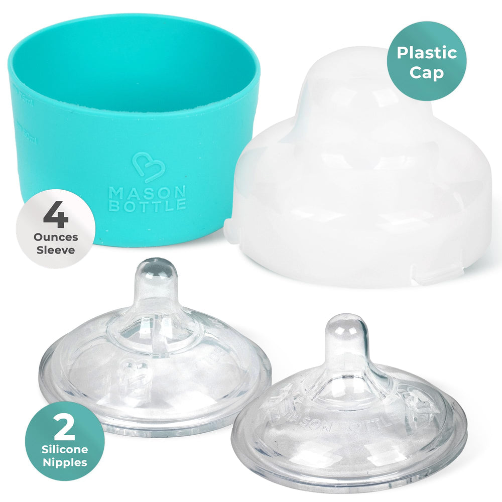 Mason Bottle silicone nipples close-up showing slow-flow design for 0–3 months.