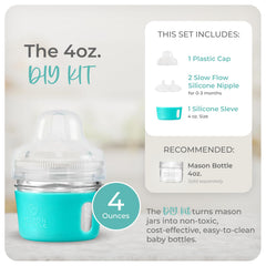 Mason Bottle silicone sleeve provides grip and protection for everyday feeding.