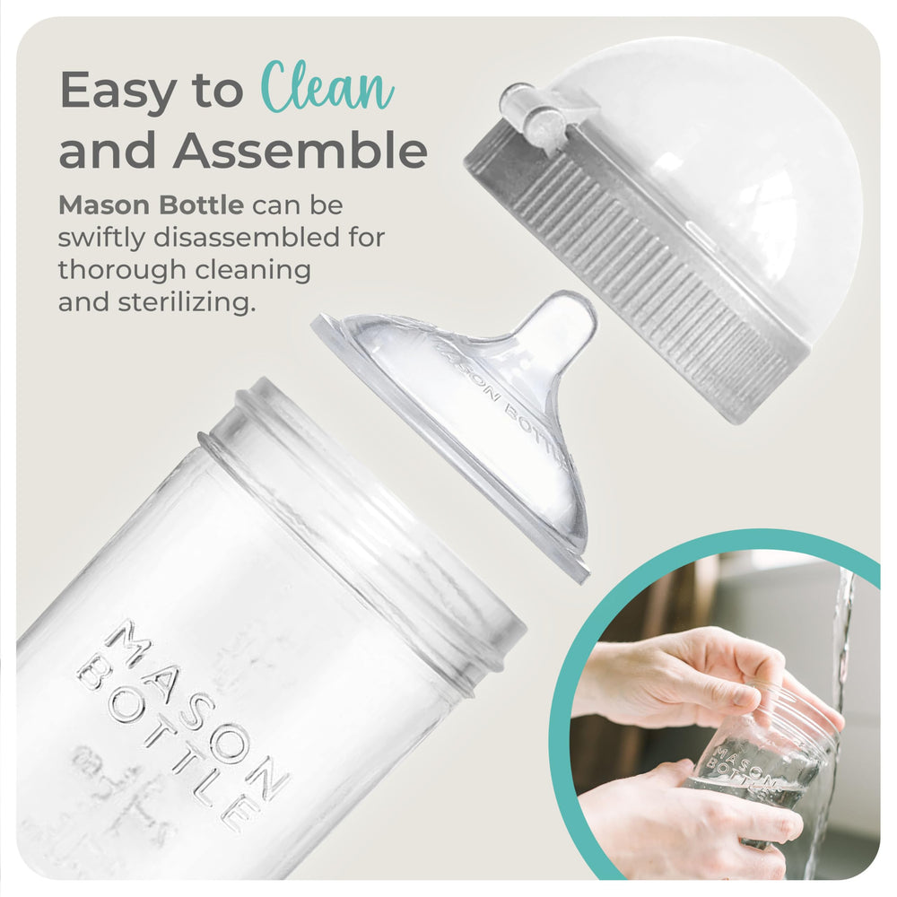 Mason Bottle slow-flow nipple 0-3 months encourages natural milk flow and reduces air intake.